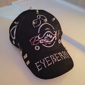 Black Spiked Cap with Pink and White Embroidery